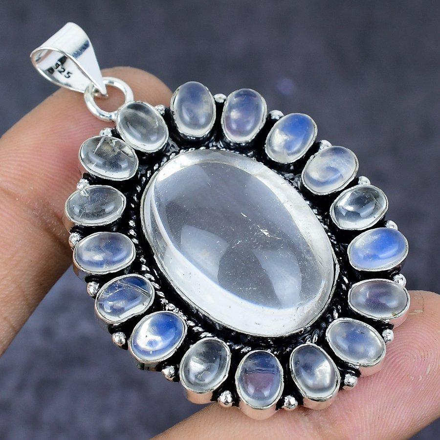 Natural Crystal Quartz Gemstone 925 Sterling Silver Jewelry Pendant 2.36" ETC-13780