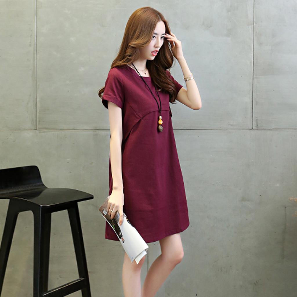 Women Cotton Linen Thin Short-sleeved Loose Waist Plus Size Dress