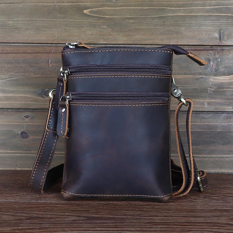 Herentas van Crazy Horse-leer, crossbodytas, verticale telefoonhouder, herenheuptas van gelaagd rundleer