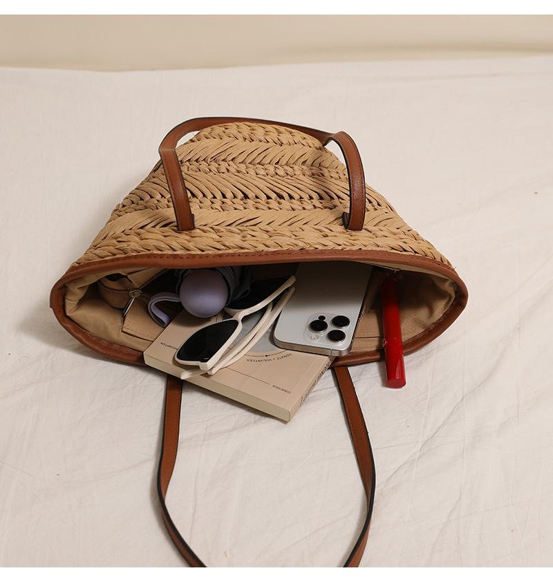 Large Capacity Straw Woven Shoulder Bag for Women Summer Beach Vacati Versatile Tote Bag City Simple Style Polyester Lining