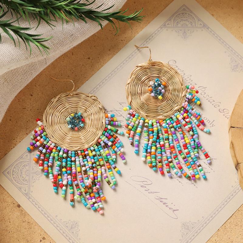 Original design bohemian earrings handmade rattan long tassel women's retro niche vacation earrings