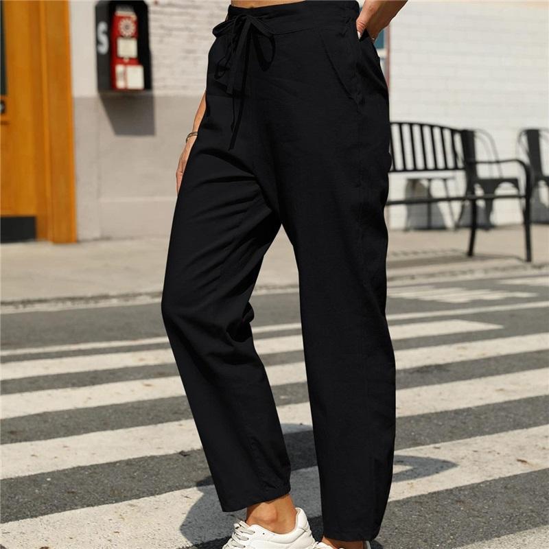 

Casual Cotton Linen Drawstring Trousers For Women Comfortable Elastic Waist Long Pants Fashionable Lightweight Ladies Bottoms M чорний