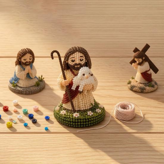 DIY Christian Beading Kit, Cute 4-Pack Tiny Beaded Jesus/Mary DIY Kit, Handmade Mini Faith Beads Craft with Instruction for Beginners, Craft