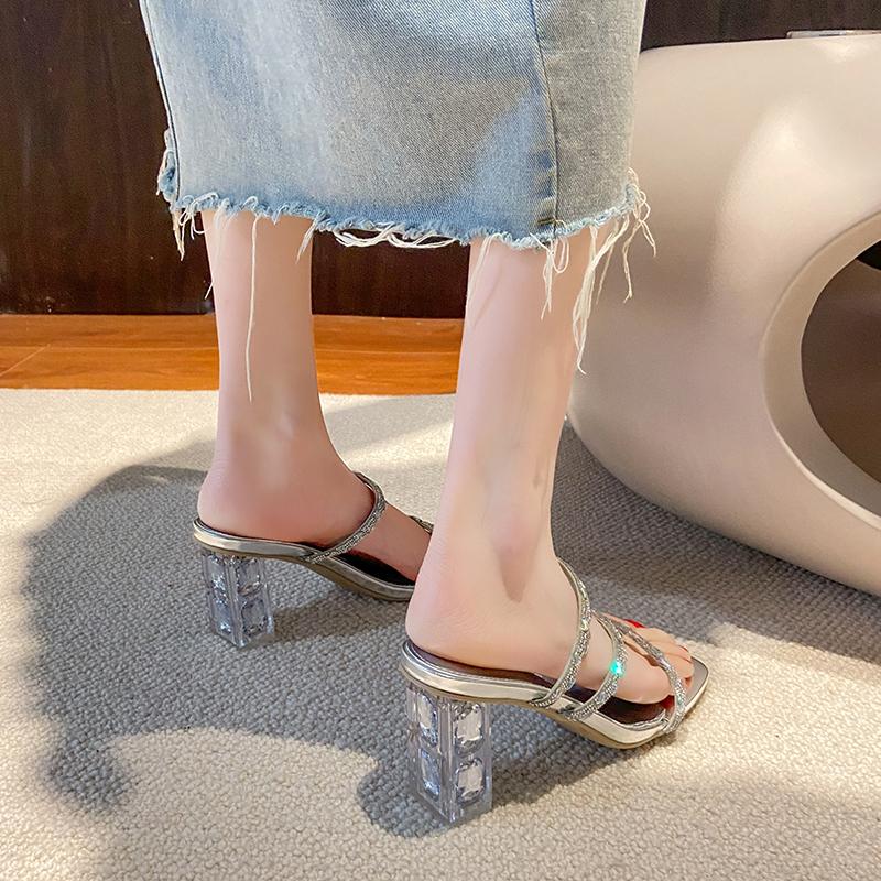 Diamant-Sandalen Damen Schuhe neuer Sommer Trend Mode eckige Zehenpartie Kristallabsatz Pantoletten einfach glänzend Luxus Zehensandalen
