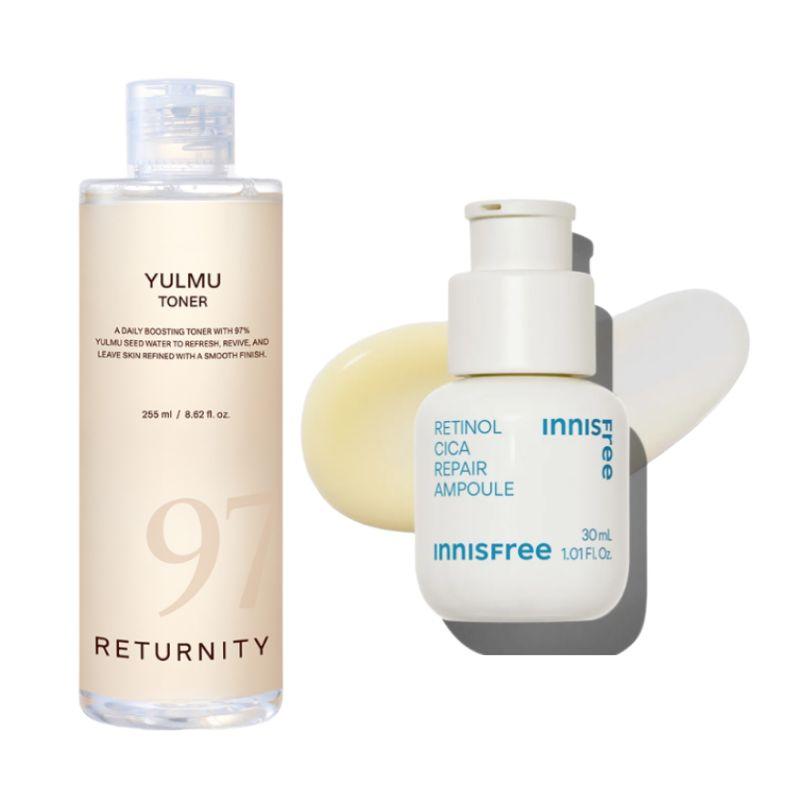 

[Texture Refine] Retinol-Cica Smoothing Kit – Innisfree Retinol Cica Repair Ampoule (30ml) + Returnity Yulmu (Adlay) 97% Toner (255ml) Ampoule 30ml +Toner 255ml
