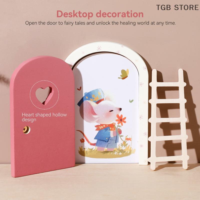 1Set Exquisite Wooden Character Stickers Arch Openable Door Toys Gift Montessori Fairy Door Kit Cute Pretend Play