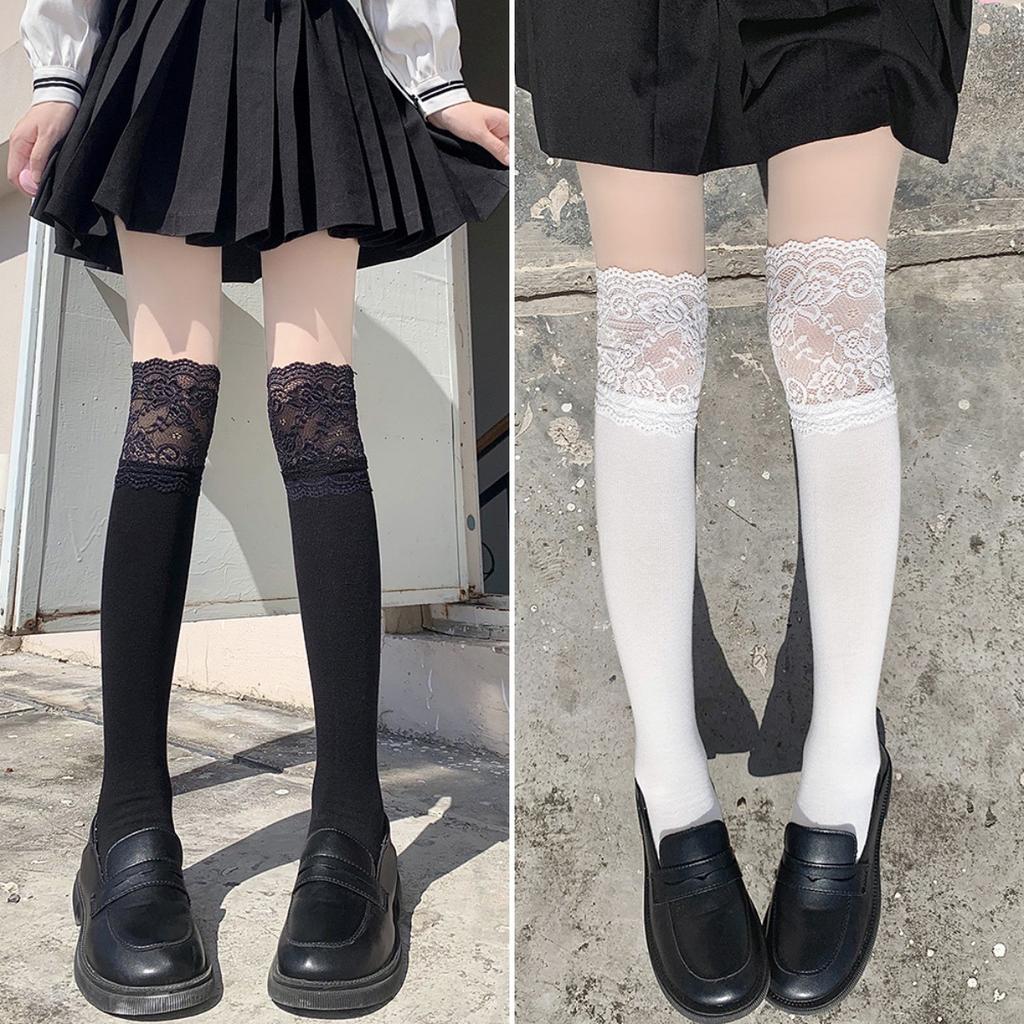 White Lace Calf Socks Women'S Lolita Medium Long Over Knee Socks With High Boots Sweet Thigh Pile Socks