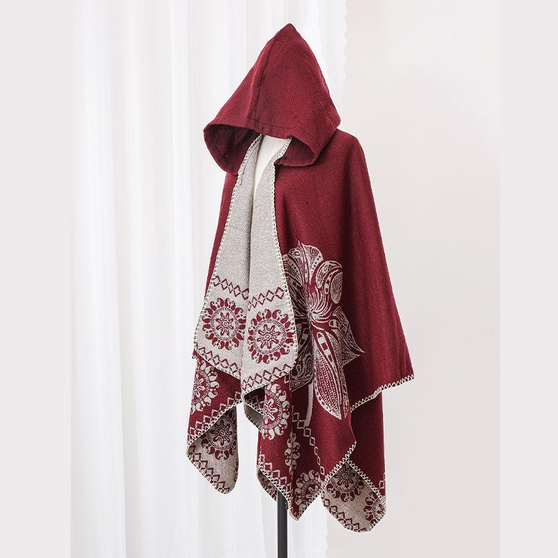 Winter Women Scarf Hooded Layers Poncho Elegant Lady Retro Floral Print Warm Wrap Shawl Scarve Capa Para Mujer Pashmina Cloak