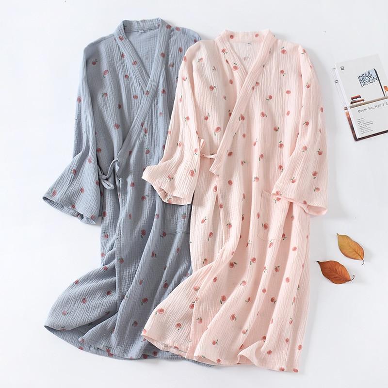 Japanese Kimono Spring and Autumn Ladies Cotton Crepe Cloth Nightgown Pajamas Bathrobe Household Clothes Spring and Summer Robe