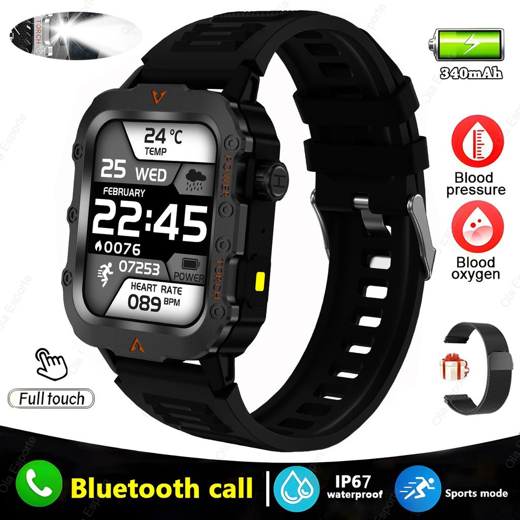 Outdoors Durable Men Sports Smart Watch Big Battery LED Flashlight IP69K Waterproof Bluetooth Call Military Smartwatch Hw12