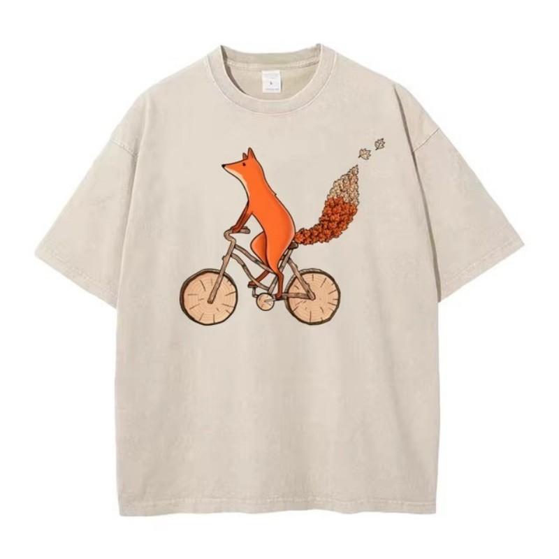 Riding Fox Printed Outdoor Fathers Day High Quality Cotton Round Neck Tshirt Short Sleeve Washed Top Shirt Womens Tshirt
