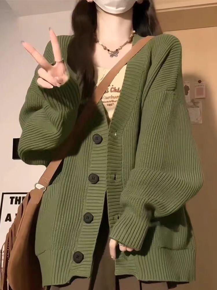 

Женский утолщенный вязаный кардиган с V-образным вырезом - свободный, мягкий, с длинным рукавом, повседневный свитер средней длины One size