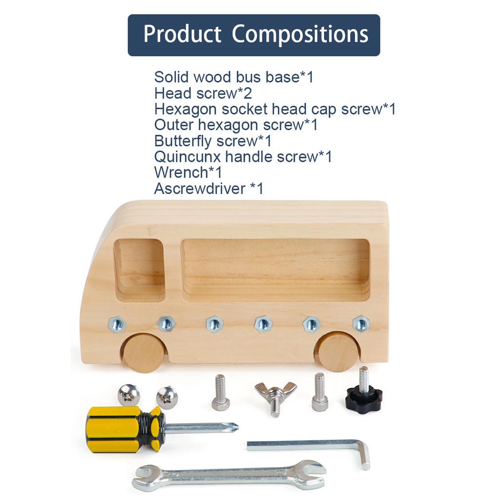 Montessori Wooden Toy Busy Bus Wood Screw Driver Board Basic Skills Game Toys Nuts Screw Bolts Set Gifts Kids Educational Toy