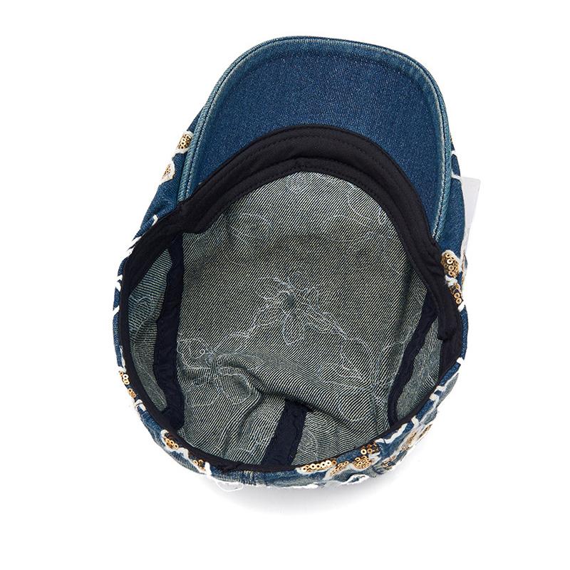 Spring Summer Newsboy Hat Women Sequins Embroidered Flower Beret Denim Retro Progressive Hat