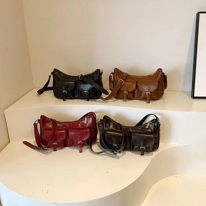 Retro style women's crossbody bag with zipper  monochromatic PU  large capacity  casual shoulder bags  stitching line