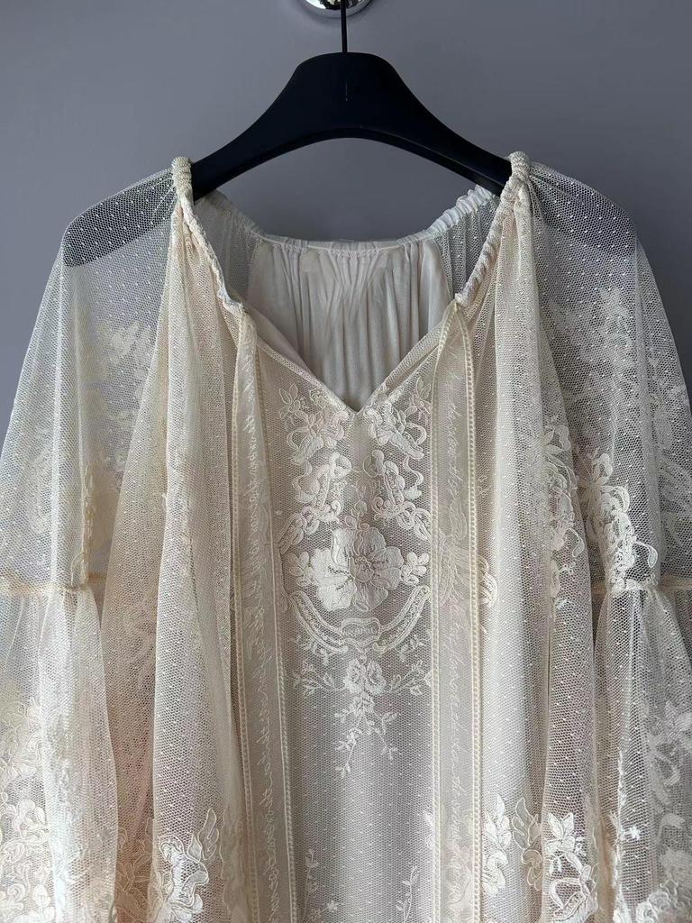 Top Élégant Blanc Cassé & Abricot Dentelle Assemblée - Style Français, Coupe Ajustée & Ample