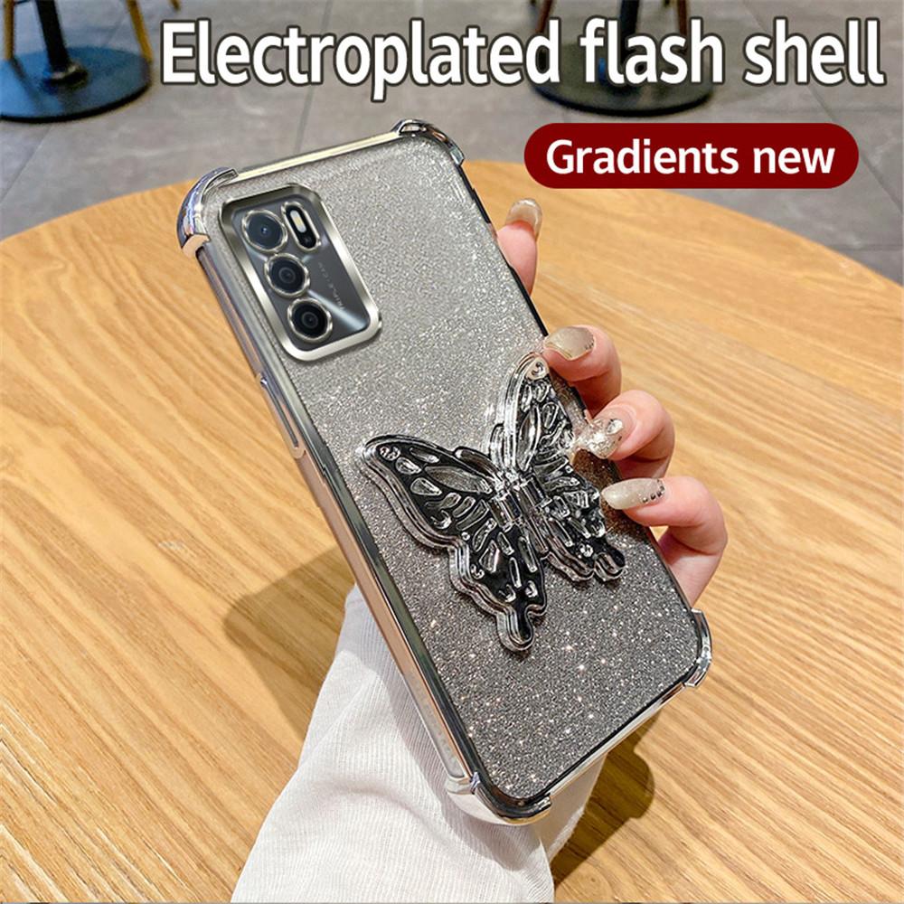 

Противоударный чехол-подставка с блестящей бабочкой для телефона OPPO A16 A16S A17 A15 A53 A5 A9 2020 A54S A53S A36 A76 4G с гальваническим покрытием For OPPO A76 4G