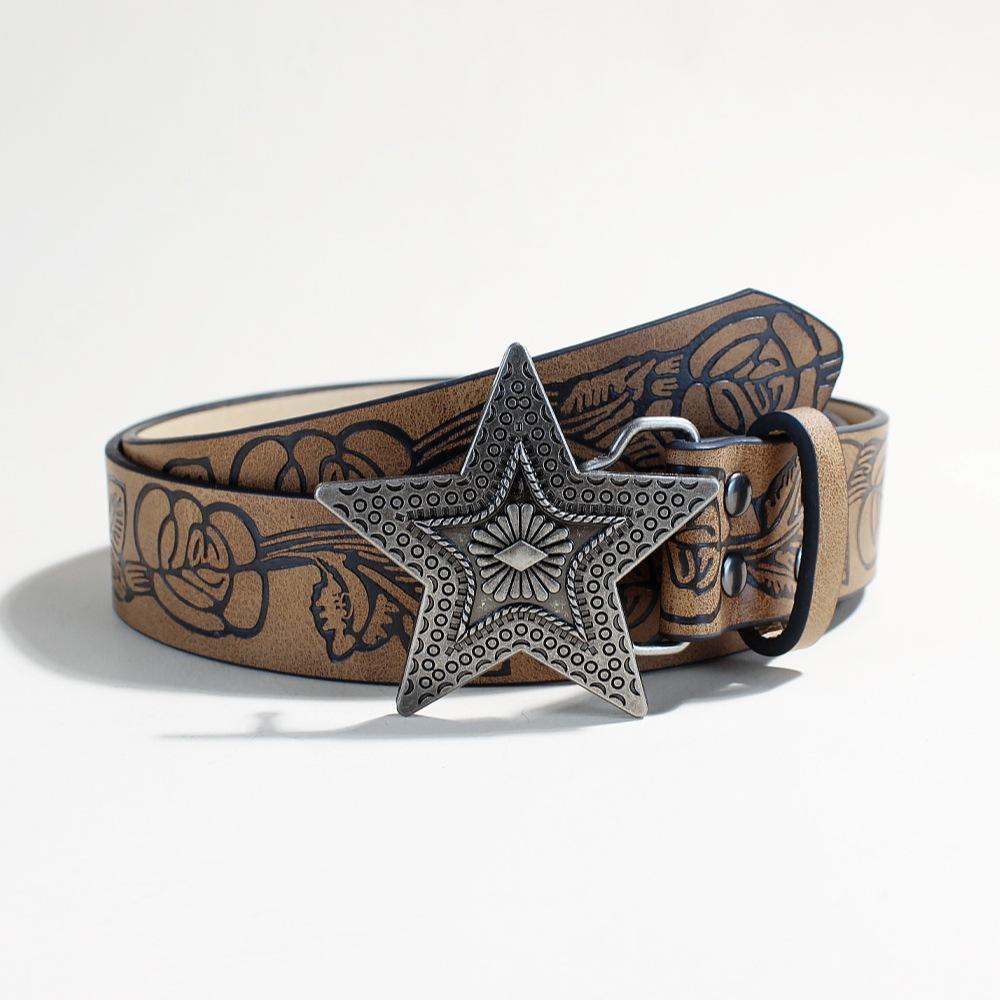 

Американский ретро-стиль вестерн с тиснением звезд старый женский ремень, нишевый дизайн Spice Girl коричневый ремень 105Cm long