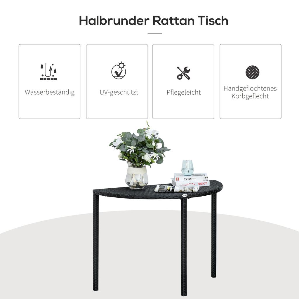 Balkontisch, Gartentisch, Gartenmöbel, Halbrund, Polyrattan, Metall, Schwarz, 100 x 50 x 74 cm