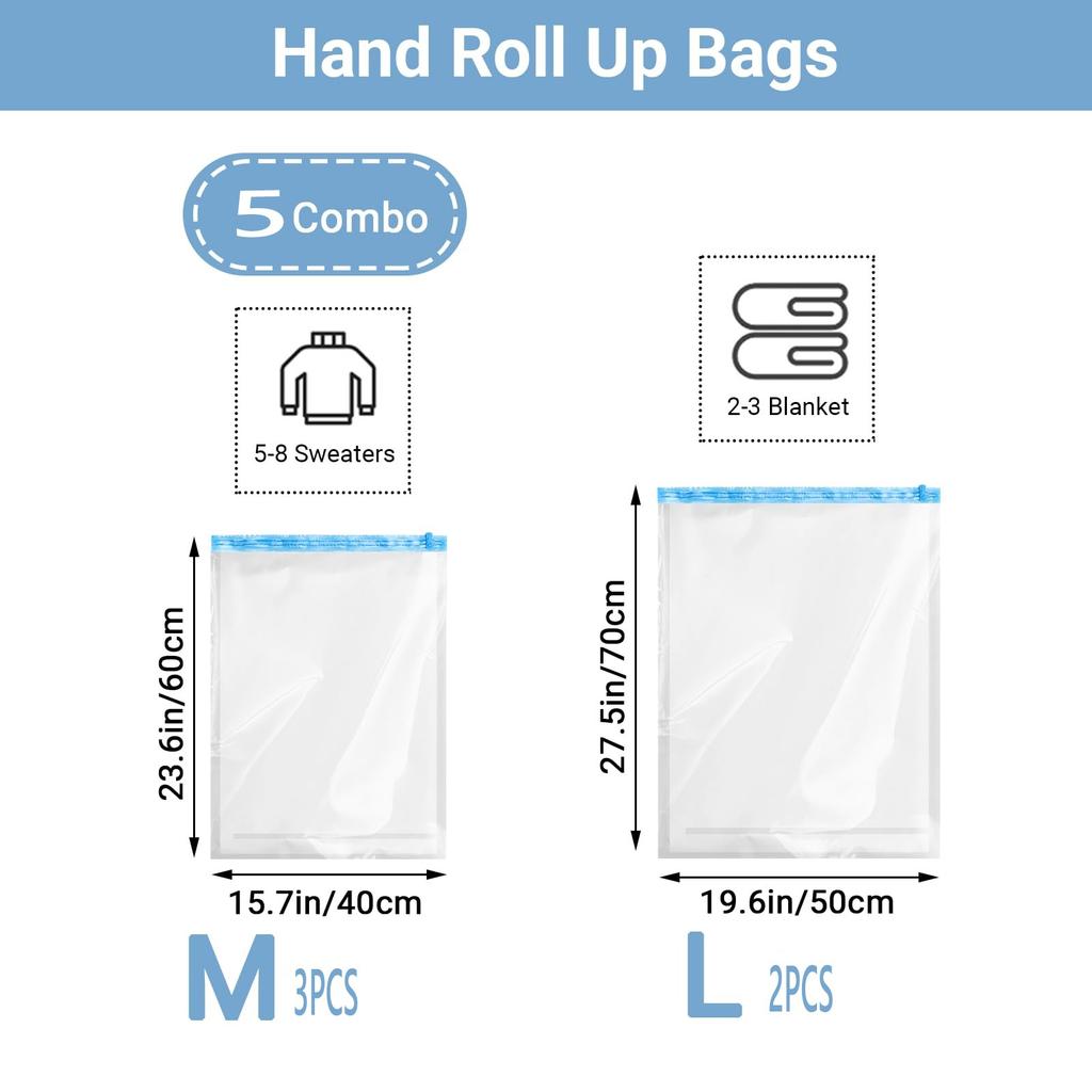5 Packs Roll-up Storage Bags, Travel Compression Bags Reusable Space Saver Bags Vacuum Storage Bags for Clothes Organizer