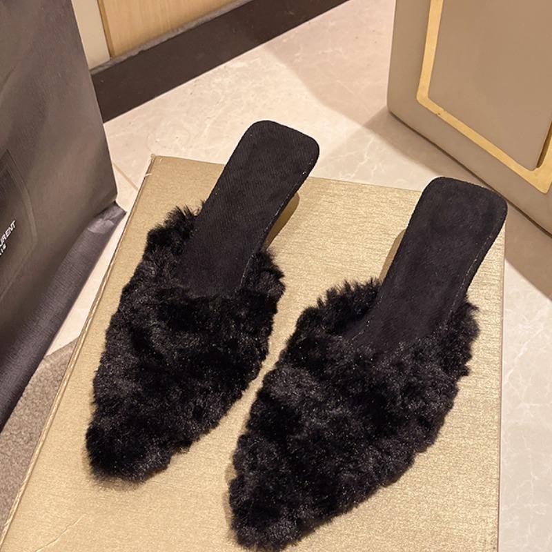 Модные женские меховые туфли на высоком каблуке с острым носком — фото 5