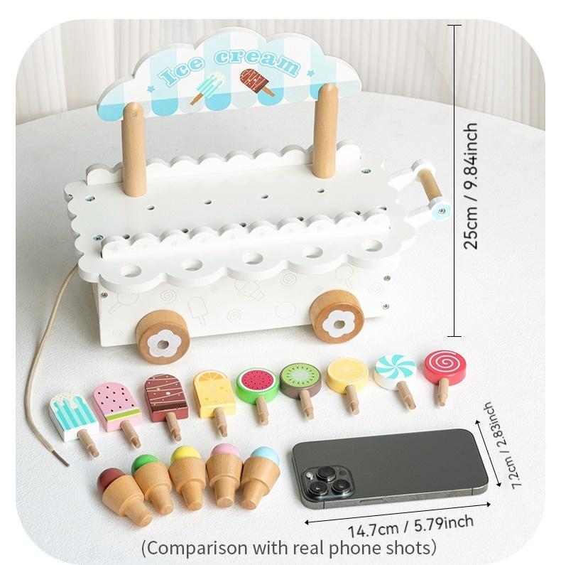 Set Girls Kitchen Accessories Pretend Play Kids Wooden Ice Cream Cart Toys