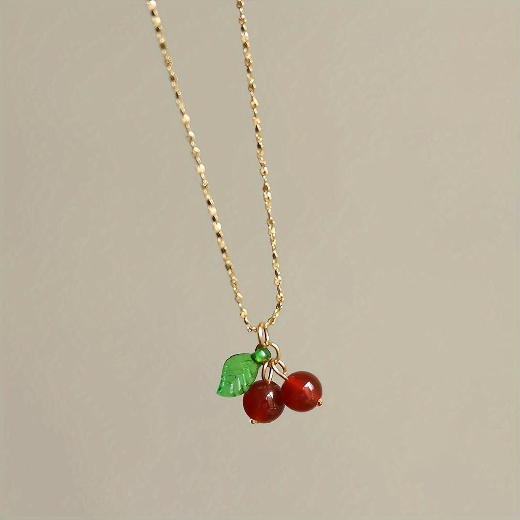 Stainless Steel Plated Cute Red Cherry Fruit Series Pendant Necklace Clavicle Chain for Women Vacation Gift