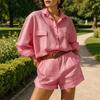 Damen Sommer 2-teilige Outfits Langarm Hemden mit Knöpfen und Shorts Set Lässige Urlaubs-Lounge-Sets