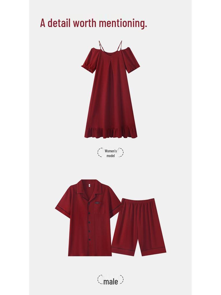 Damen Rot Antibakterielles Baumwoll-Nachthemd Pyjama-Set—Kurzarm, Shorts, Hochzeits- & Tierkreiszeichen-Motive