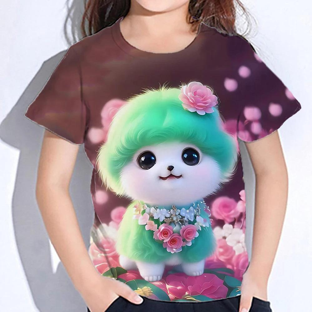 Summer Round Neck 3D Cute Cat Printed Top Fashionable Casual Short Sleeved Children's Girl T-shirts