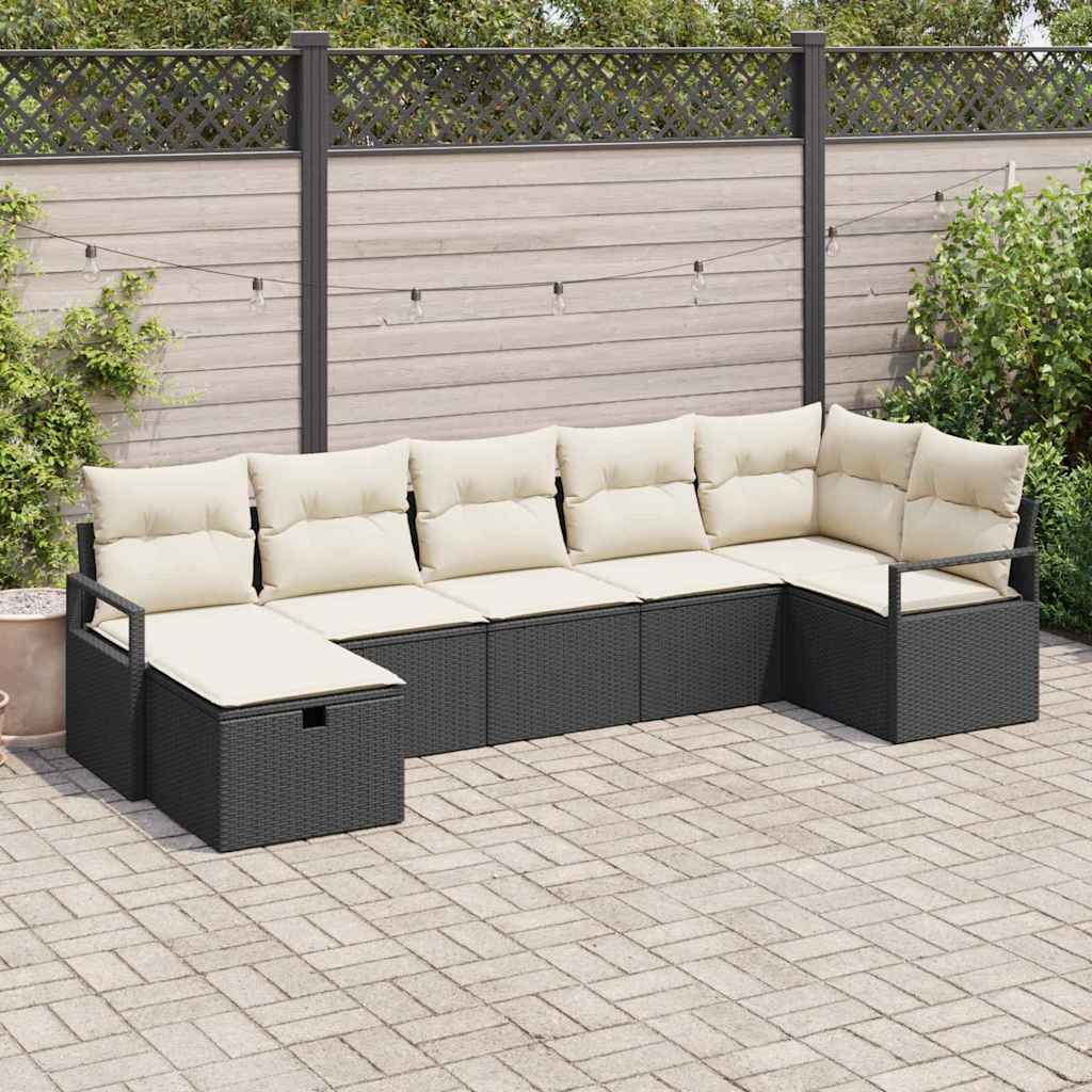 7 Piece Sofa Set with Cushions Black and Cream Poly Rattan