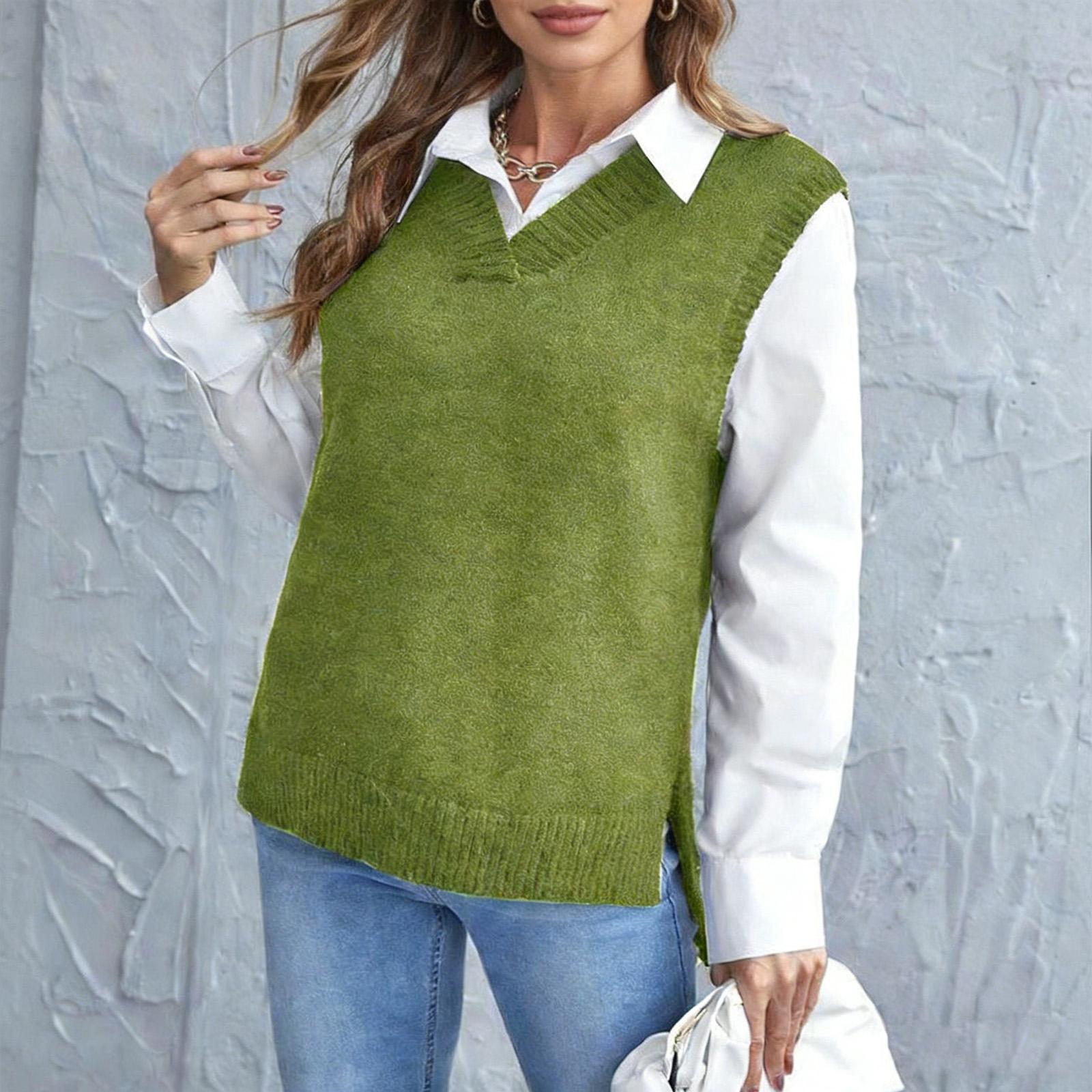 

Женский однотонный вязаный модный жилет Повседневный базовый свитер с V-образным вырезом L армия зеленый