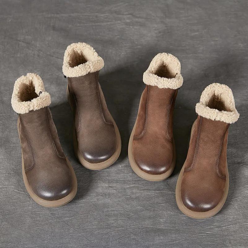 Johnature Genuine Leather Plush Warm Ankle Boots Round Toe Soft Soled Versatile Women's Cotton Boots