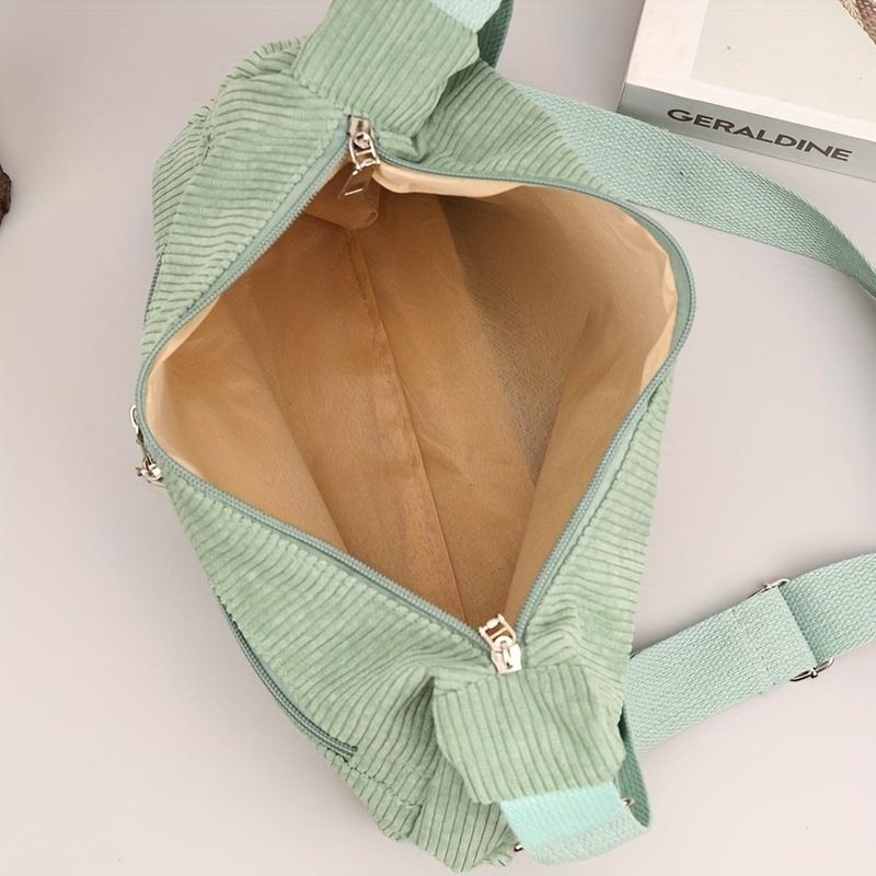 Casual Corduroy Shoulder Bag for Women with Adjustable Strap, Striped Urban Tote with Zipper Closure Handbag with Polyester Lining