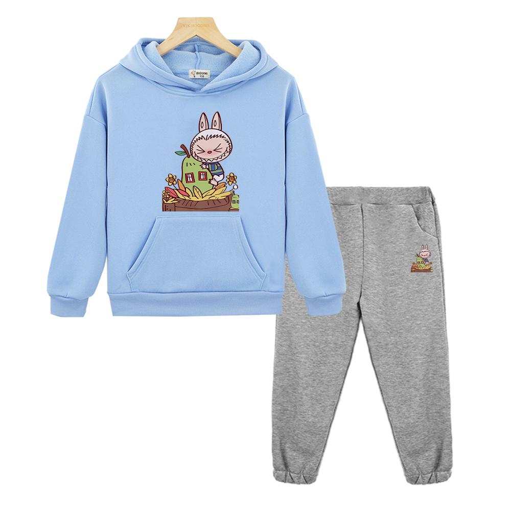 2pcs Pullover+pants Kawaii Boys Girls Hooded Sets Autumn and Winter Labubu  Anime Hoodie Fleece Sweatshirt Cartoon Jacket Kids Boutique Clothes