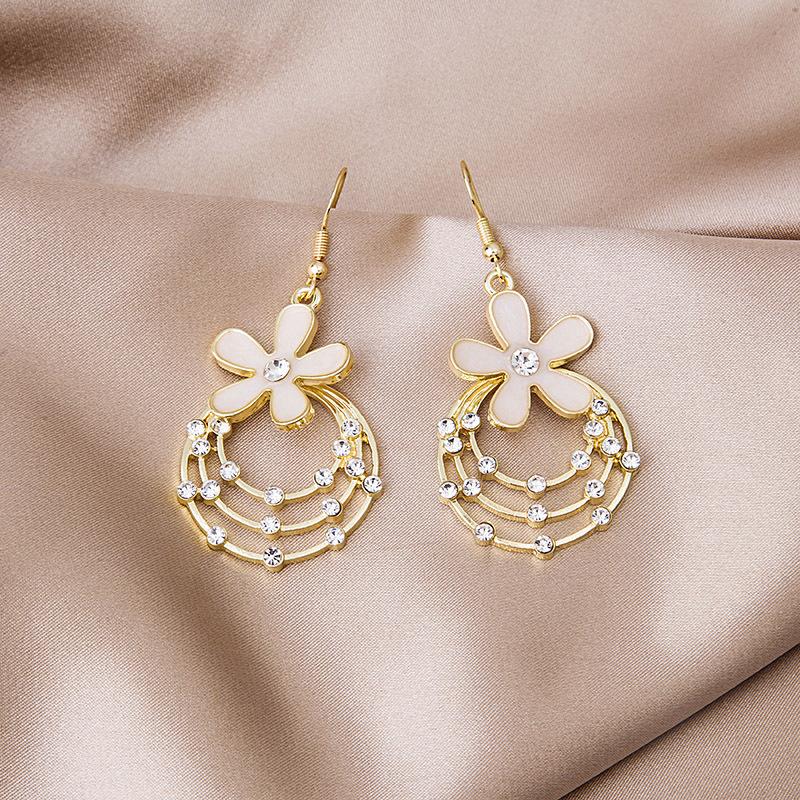 925 Multi-Layer Round Ring With Diamond Flower Earrings, Retro Temperament Lady Looking Thin Fashion Flower Earrings