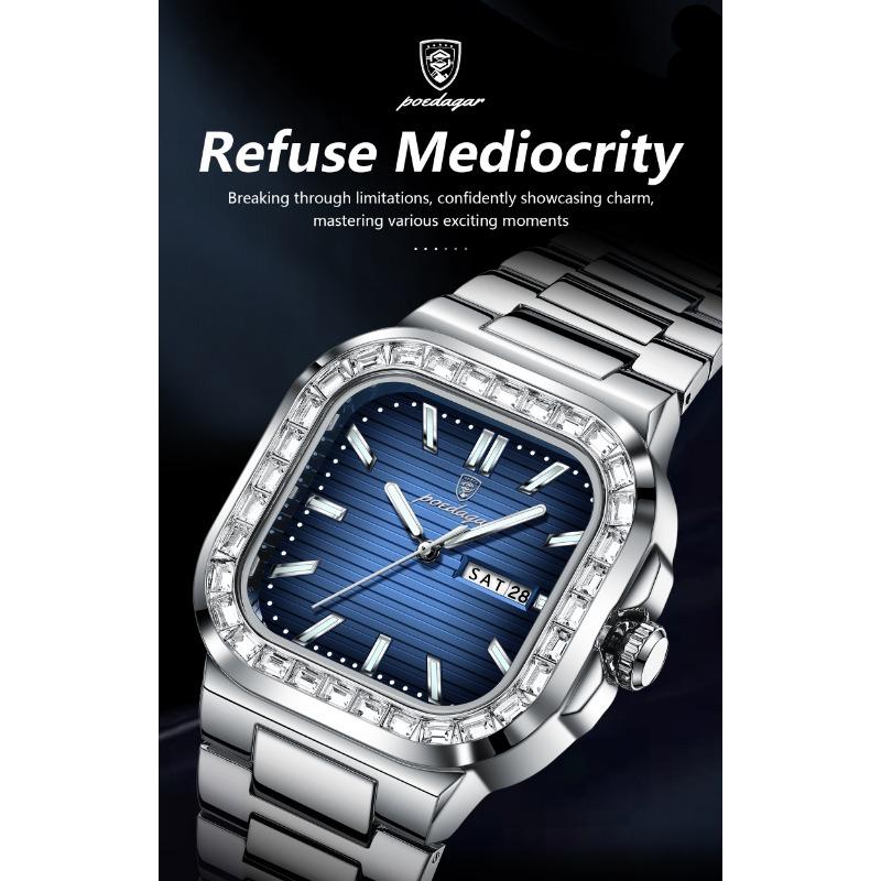 POEDAGAR Top Brand Luxury Watch for Men Waterproof Luminous Date Week Wristwatch Stainless Steel Square Quartz Watches