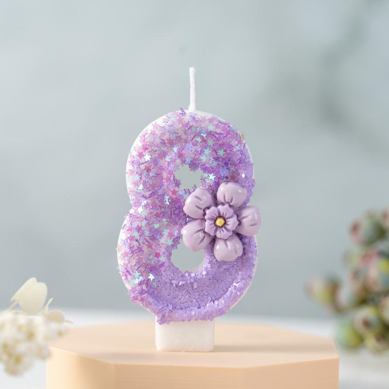 Purple Flowers Creative Numbers Birthday Candles First Year Cake Party Decoration