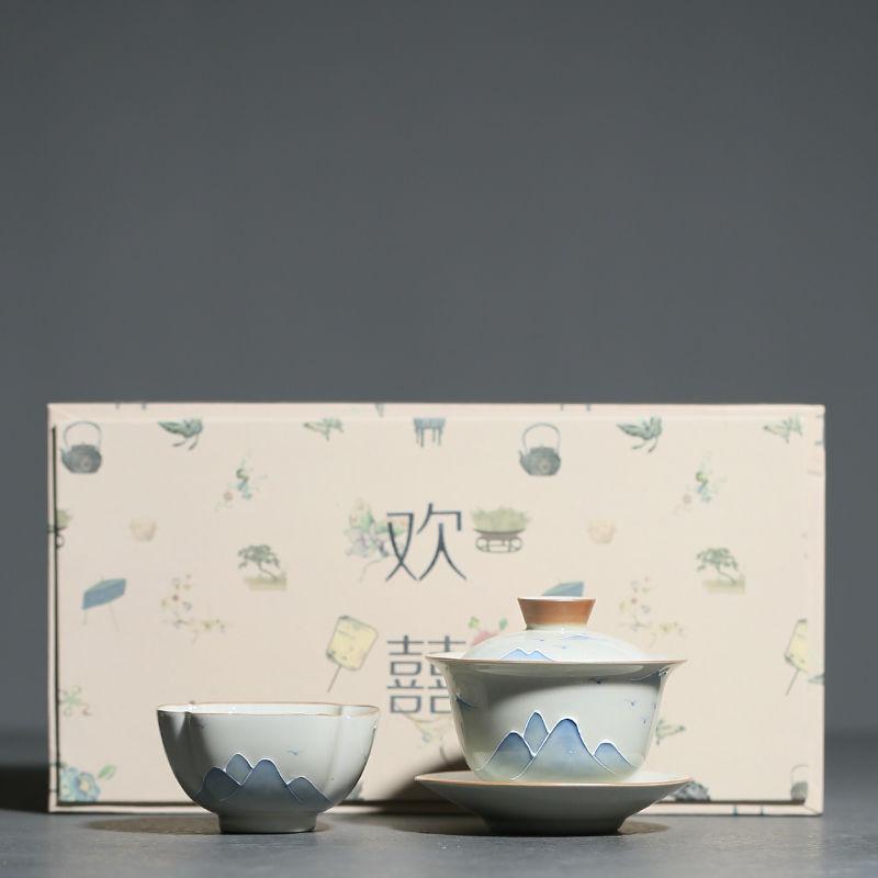 Handpainted Distant Hills Cover Bowl Set Household Portable Plant Ash Tea Set Vintage Tea Ceremony Set Bowl and Cup Teaware Gift