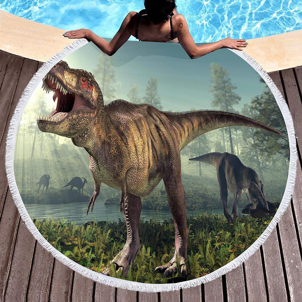 Jungle Wildlife Dinosaur Round Beach Blanket, Soft Microfiber Round Beach Blanket Sand Free Quick Dry Circle Bath Towel Yoga Mat