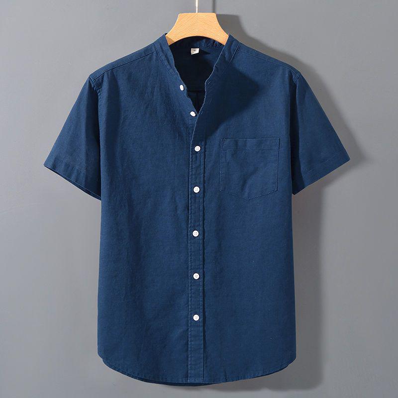 Men's Summer Cotton Linen Short Sleeve Shirt - Solid Color Casual Stand Collar Top