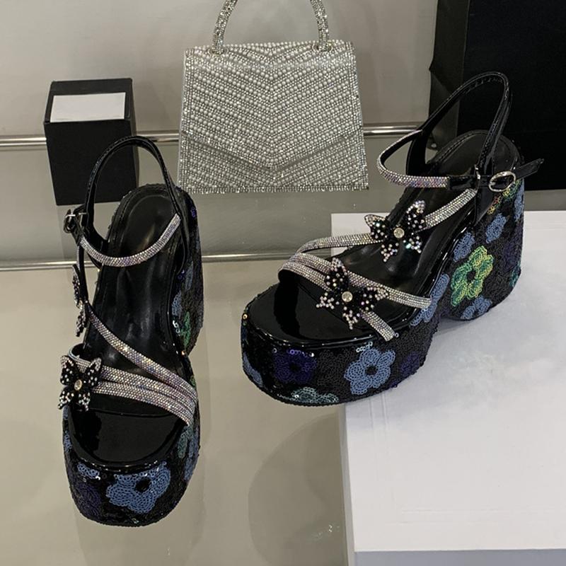 Fashion Liyke New Fashion Sequined Flowers Platform Wedge Sandals Women Open Toe Crystal Rhinestone Butterfly High Heels Party Prom Shoe