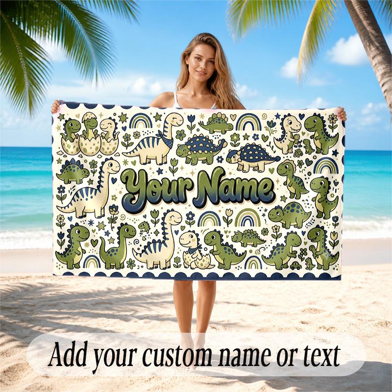 Dinosaur Theme Quick Dry Beach Towel Custom Name Text Print Large Sand Resistant Towel Beach Vacation