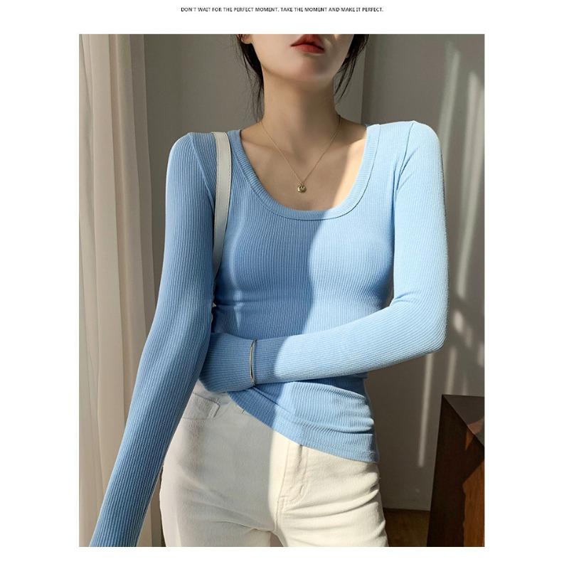 Women Solid High Elastic Slim Long Sleeve Round Neck Casual Bottoming T Shirt
