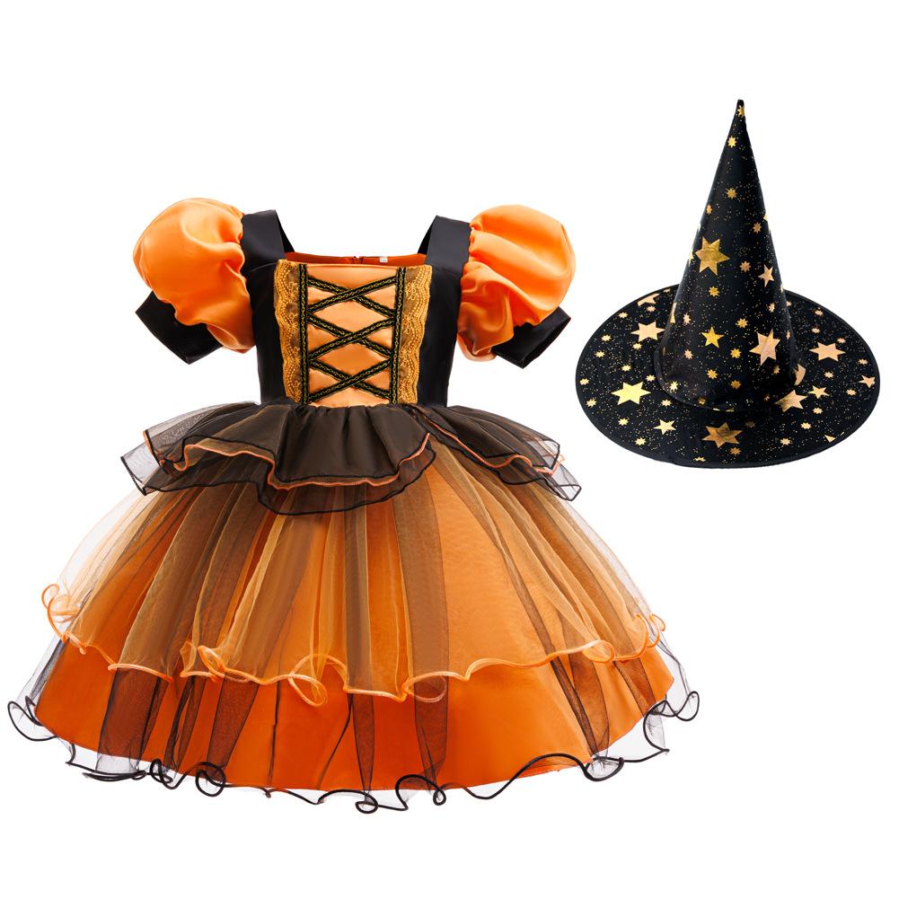 Girls Princess Dress Halloween Costume Cosplay Witch Dress Bubble Sleeve Pumpkin Mesh Tutu Children Princess Dress Mesh Skirt