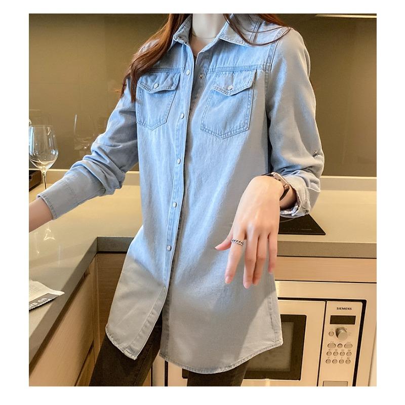 Camicia Casual in Denim a Maniche Lunghe alla Moda da Donna Stile Coreano Ampia Nuova con Rever Primavera e Autunno Ufficio Blusa Lunga Streetwear Top Giacca Abbigliamento