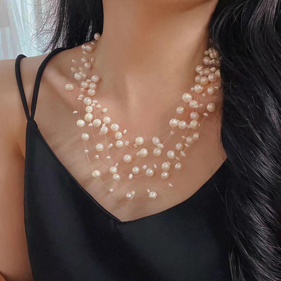 

Vintage Necklace Fairy Natural Freshwater Pearl Heavy Industry Gypsy Collarbone Chain Multi-Double Evening Chain