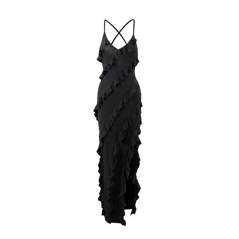 Sexy V Neck Milk Silk Sleeveless Dress With Ruffle Edge And Side Slit For Night Out