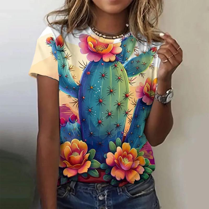 Tricou de vară cu imprimeu 3D de desene animate, ediție largă, la modă, cu model cactus, top, tricou cu gât rotund, mânecă scurtă, top pentru femei
