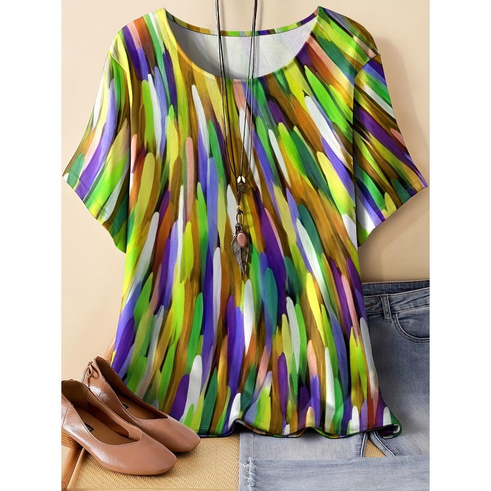 Plus Size Casual Crew Neck Short Sleeve Stripe Print T-Shirt - Soft Stretch Polyester Fabric Spring and Summer Womens Relaxed Fit Clothing